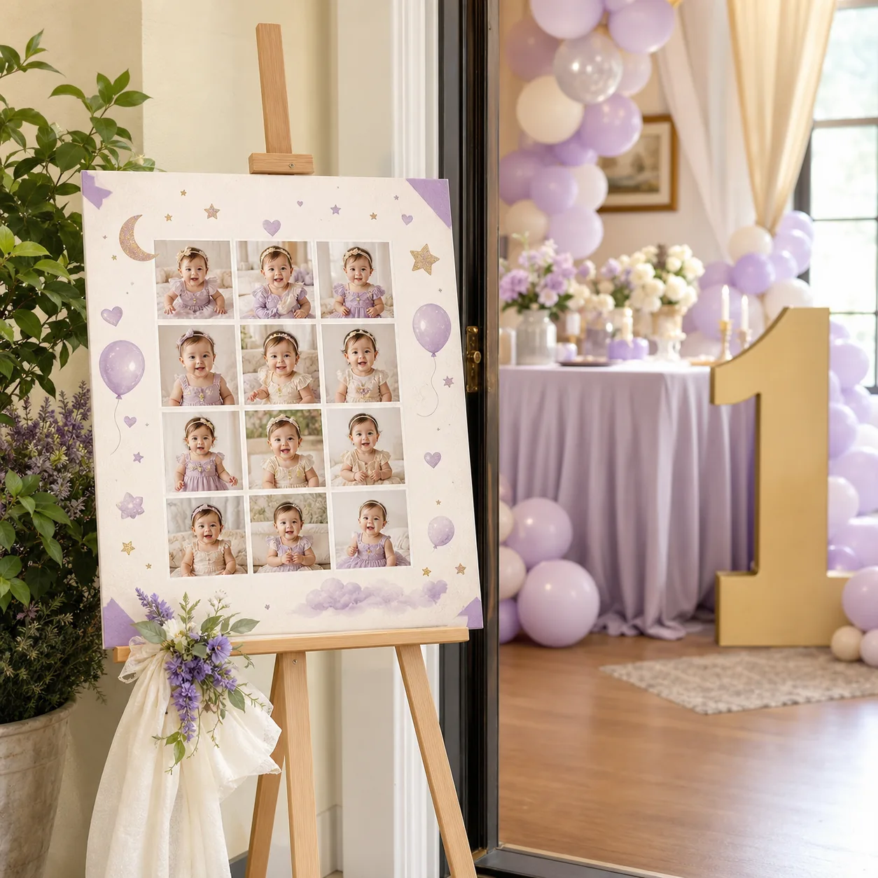 First birthday photo poster displayed on an easel