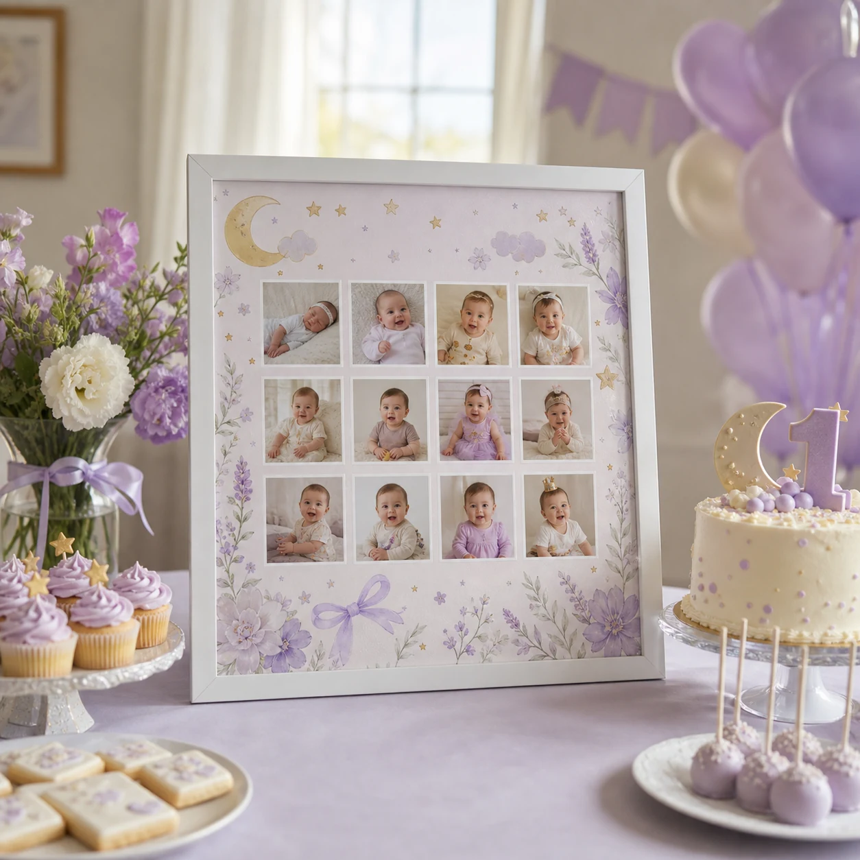 Baby milestone poster on a birthday welcome table