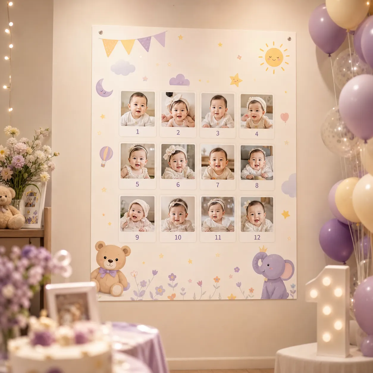 Baby first year poster on a birthday backdrop