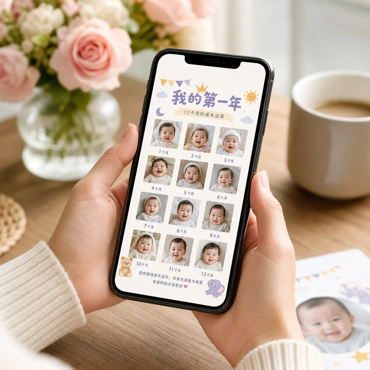 Sharing a baby birthday poster on a phone