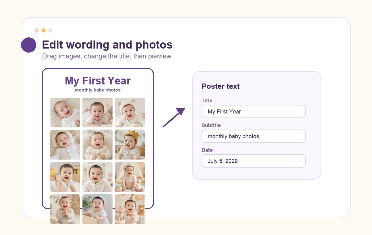 Edit wording and arrange baby photos in the poster preview